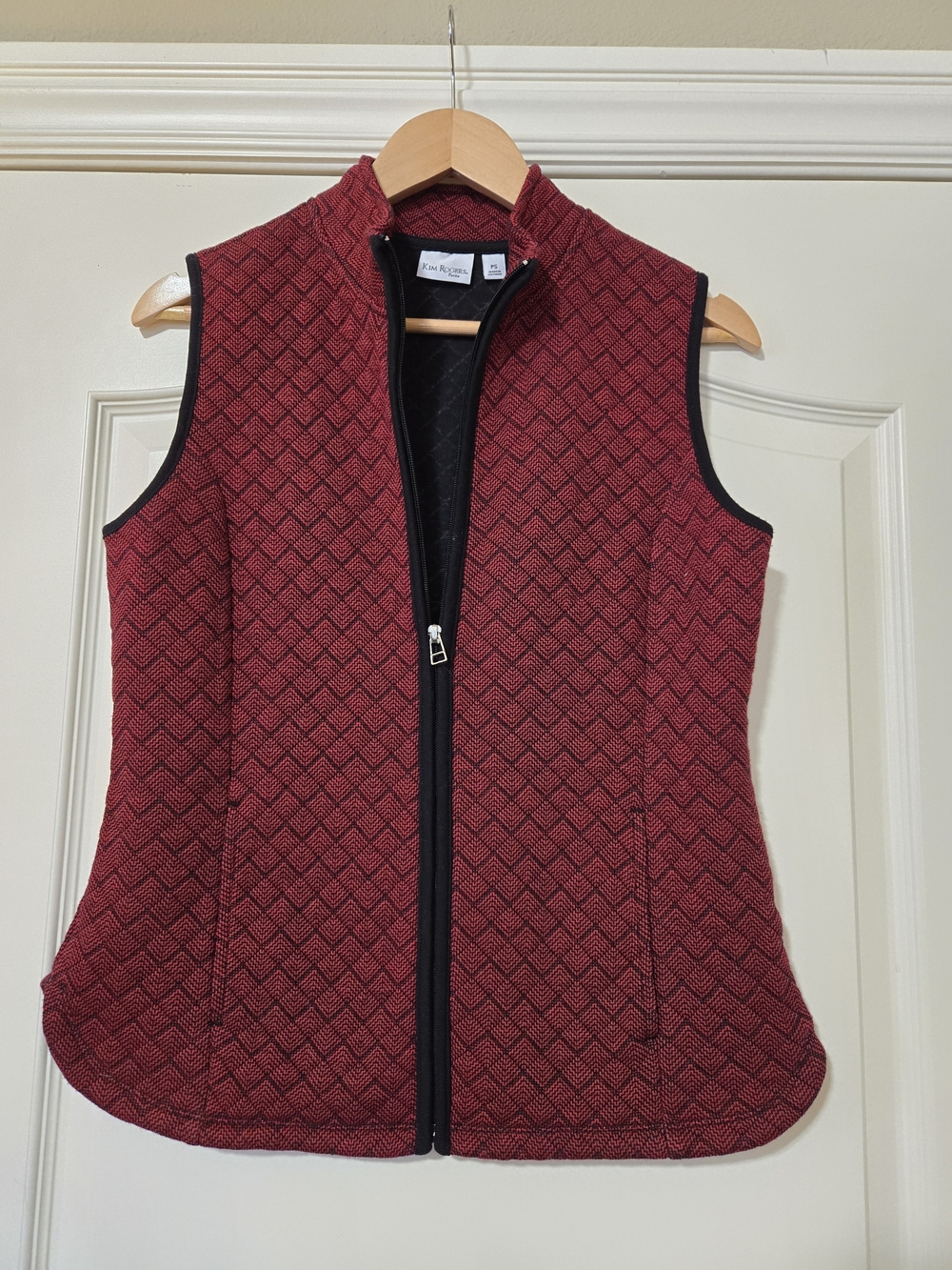 Kim Rogers Burgundy Quilted Zip-Up Vest with Black Trim